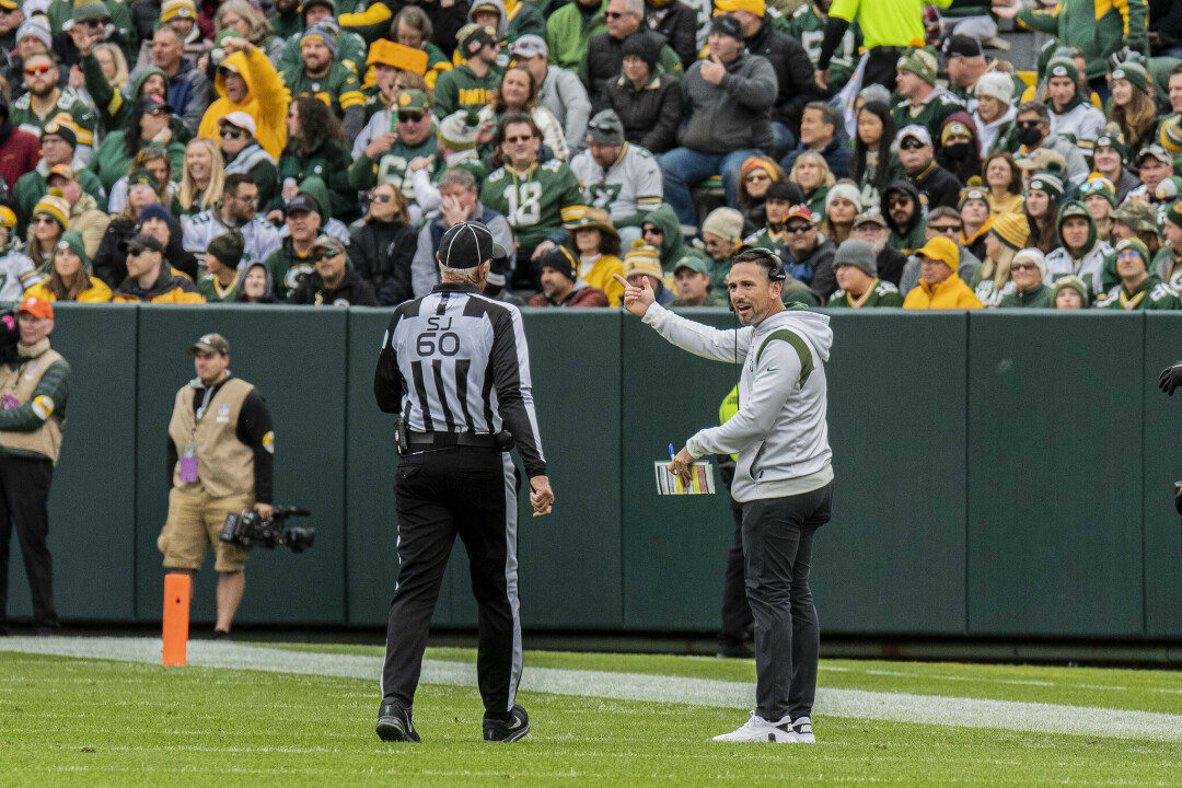 PUT ME IN, COACH. Green Bay Packers Coach Matt LeFleur on the field at Lambeau in October 2021. (Photo by All Pro Reels / CC BY-SA 2.0 DEED)